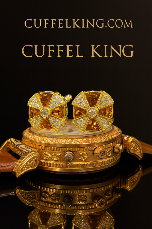 Cuffel King Signature Gold & Amber Diamond Cut Cufflinks – Regal Crown Design