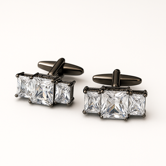 Luxury Black-Plated Cufflinks with Triple Princess-Cut Crystal Design