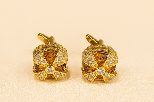 Cuffel King Signature Gold & Amber Diamond Cut Cufflinks – Regal Crown Design
